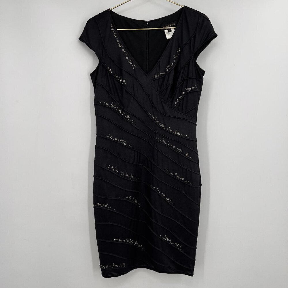 Tadashi Shoji Beaded Bandage Bodycon Cocktail V-neck Midi Dress Women's L